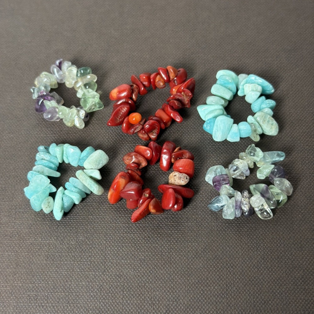 Handmade Red‎ Coral Flourite Amazonite Chip Beaded Rings (6) Artisan Jewelry